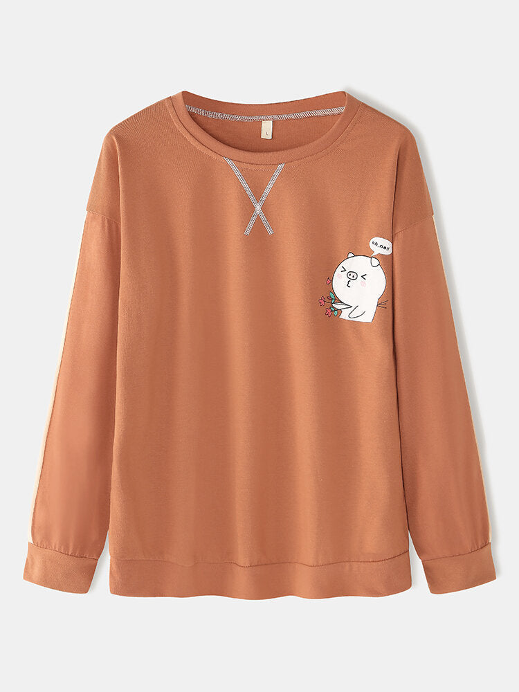 Women's Cute Pig Pajama Set: Long Sleeve Sweatshirt & Loose Jogging Pants for Home Lounge