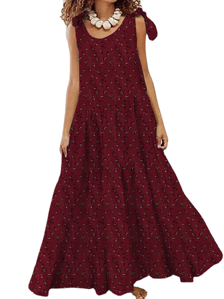 Women Cotton Floral Printing Sleeveless Detachable Bohemian Lace-Up Pleated Maxi Dress