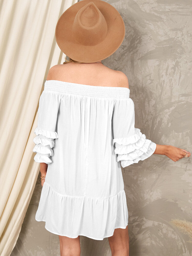 Off Shoulder Pleats Solid Casual Mini Dresses For Women