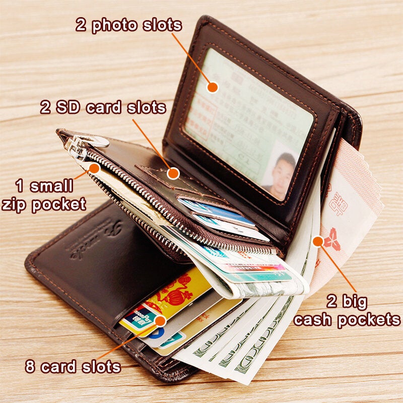 Men Genuine Leather Short Zipper RFID Anti-theft Retro Multi-card Slot Card Holder Coin Purse Wallet Money Clip