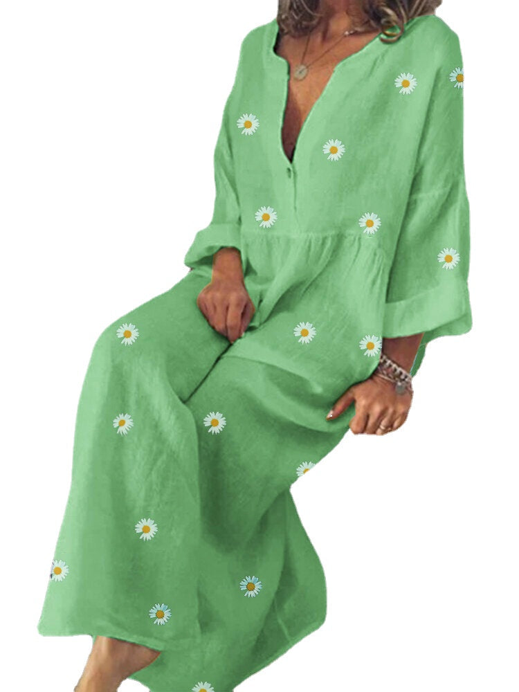 Daisy Print V-neck Long Sleeve Loose Causal Maxi Dress For Women