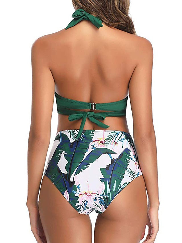 Women's Swimwear Bikini 2 Piece Normal Swimsuit Halter High Waist Push Up High Waisted Geometric Wave dot + red Black White Yellow Pink Bathing Suits Sports Fashion Ordinary