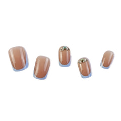 Pink Short Square French Press On Nails with Blue Tips & Rhinestones, Glossy Acrylic Fake Nails for Women & Girls