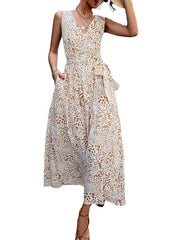 Women's Elegant Sleeveless Flower Lace up V Neck Vacation Long Dress