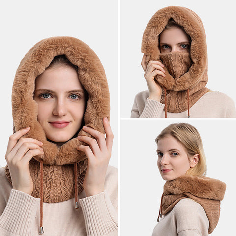 Women Outdoor Riding Hood Plush Warm Neck Protection Ear Protection Bib One-piece Cold-proof Headgear