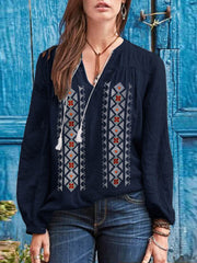 Women 100% Cotton Tassel Floral Embroidery Bohemian ButtonCuffs Blouses
