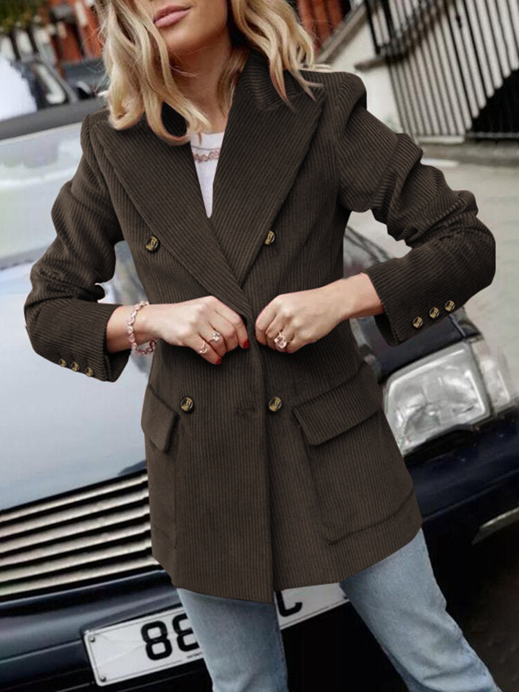 Women Corduroy Double Breasted Lapel Casual Long Sleeve Blazers With Pocket