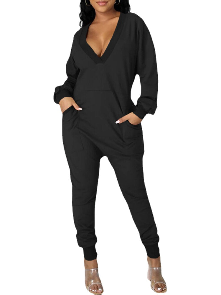 Women V-Neck Long Sleeve Daily Solid Color Harem Jumpsuit With Pocket