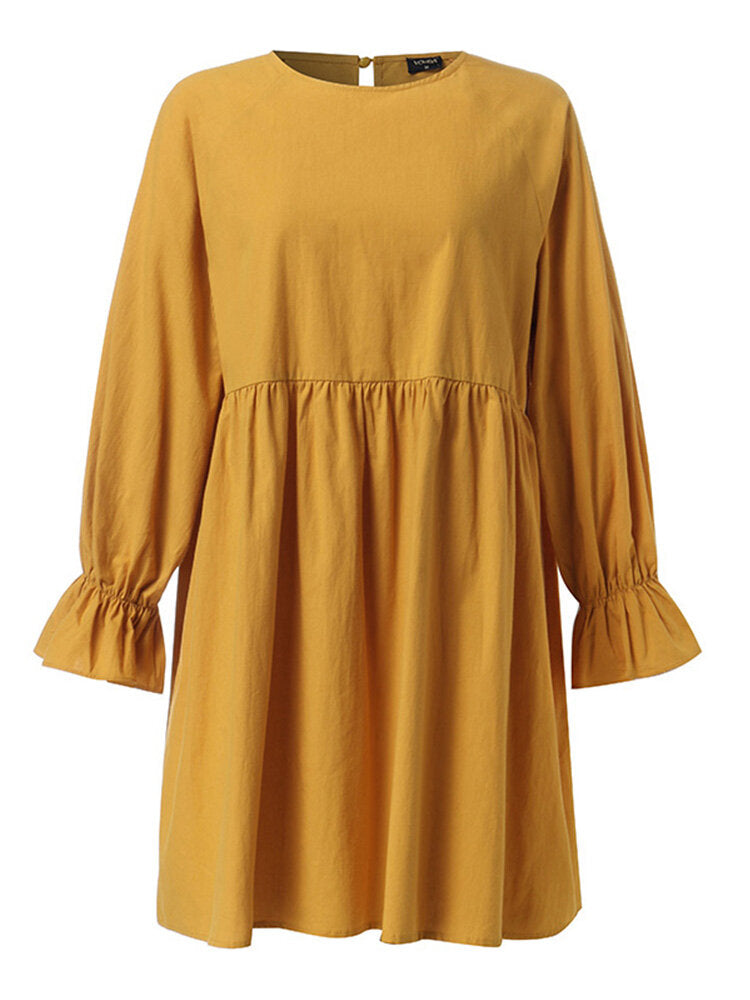 Women Solid Round Neck Long Sleeve Yellow Pleated Mini Dress