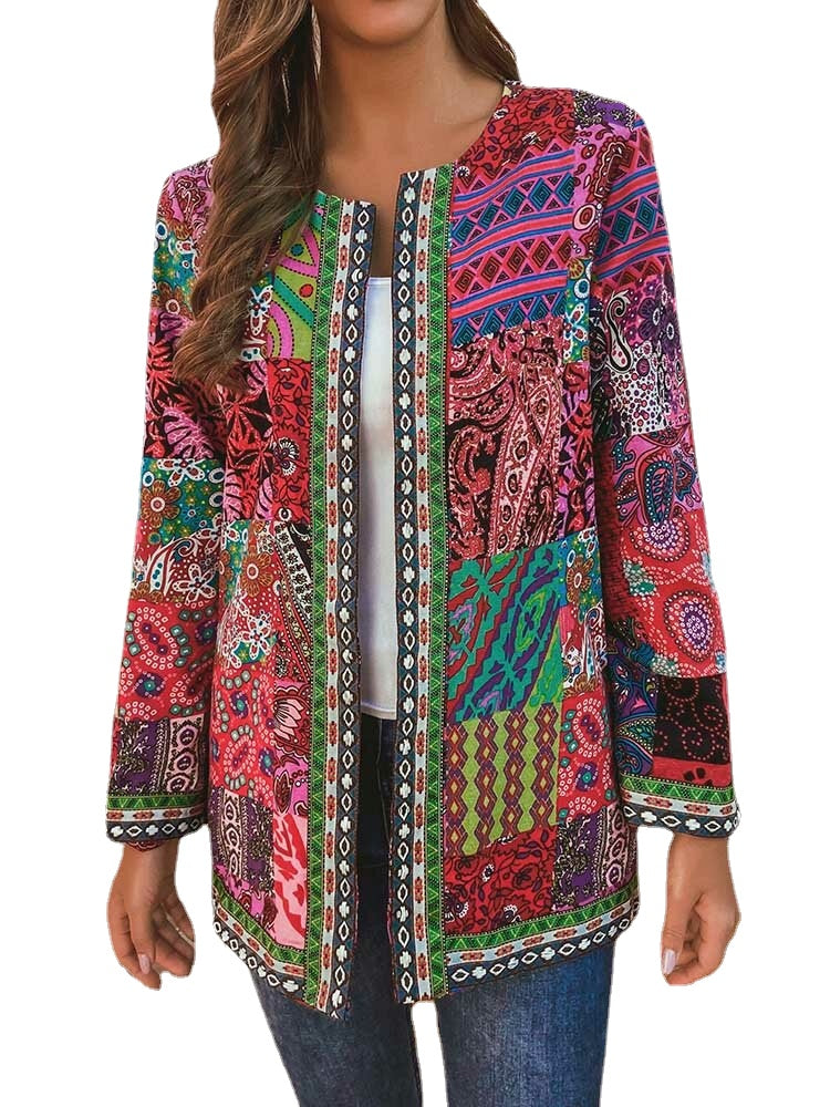 Ethnic Style Vintage Floral Printed Long Sleeve Coats For Women