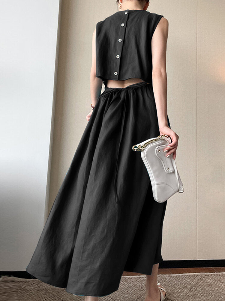 Solid Button Pocket Drawstring Show Waist Sleeveless Maxi Dress