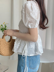 Cotton Flower Print Knotted Short Sleeve V Neck Blouse