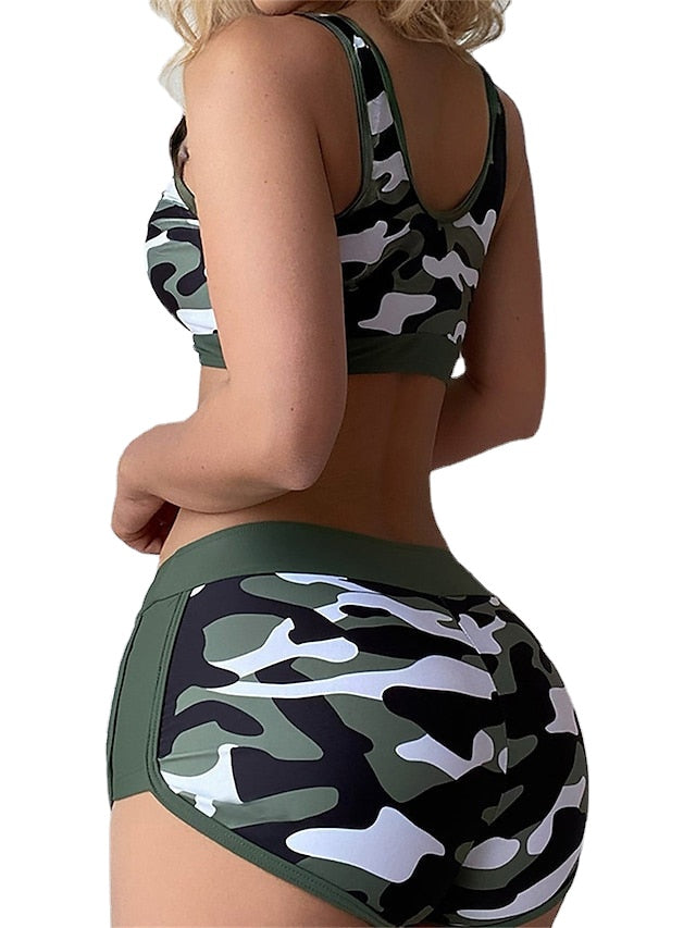 Women's Swimwear Bikini 2 Piece Normal Swimsuit Open Back Printing Camo Camouflage Army Green Tank Top Scoop Neck Bathing Suits Sexy Vacation Fashion / Modern / New