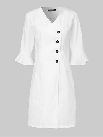 V-neck Oblique Placket Design Bell Sleeve Casual Dress