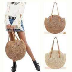 Women Leisure Round Straw Bag Woven Beach Bag Shoulder Bag