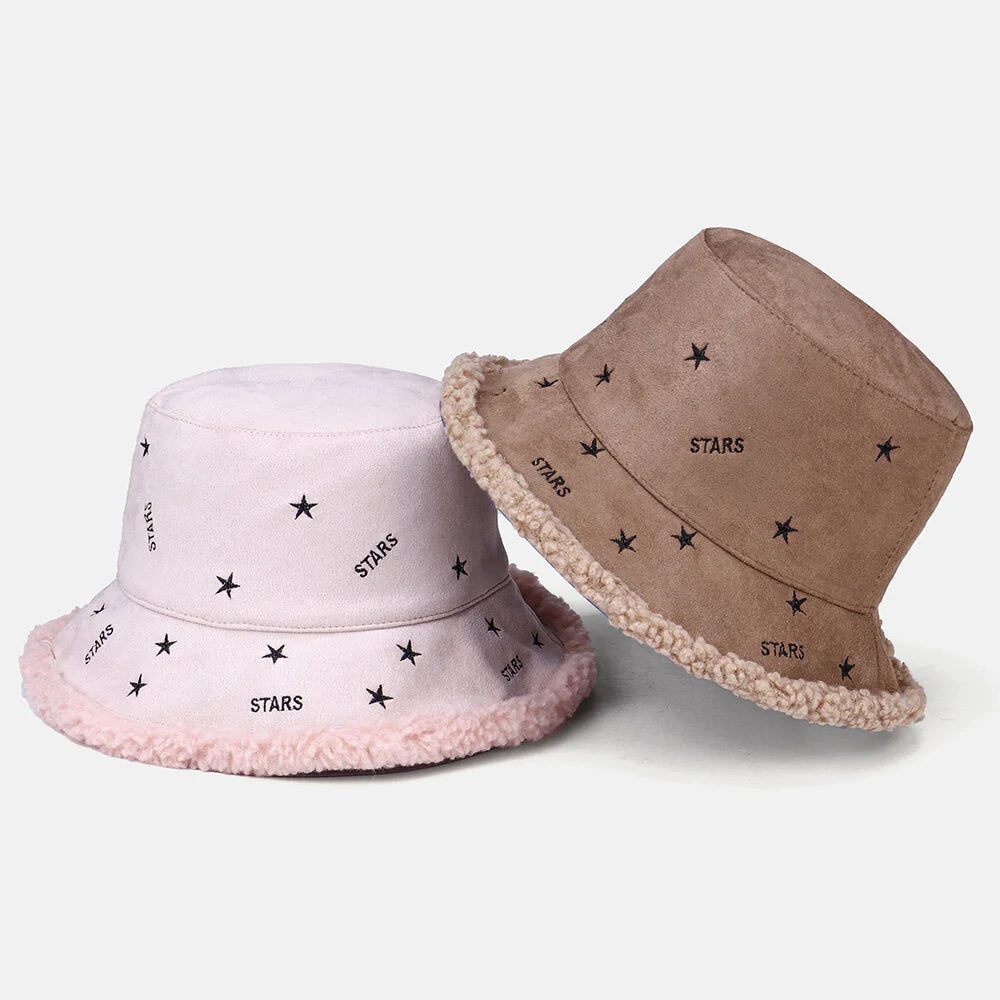 Women Cashmere And Suede Warm Soft Embroidery Stars Outdoor Bucket Hat