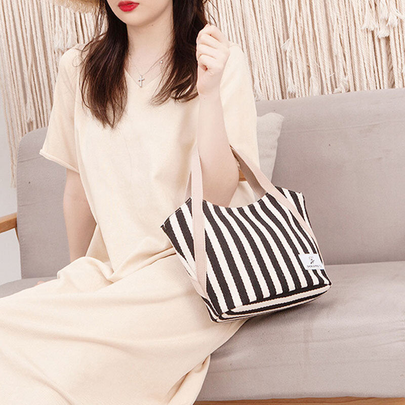 Women Canvas Striped Pattern Color Contrast Large Capacity Handbags Underarm Bag Shoulder Bag