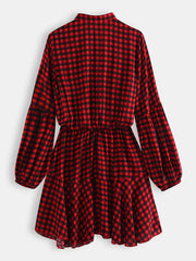 Long Sleveed Plaid Stand Collar Causal Shirt Dress For Women