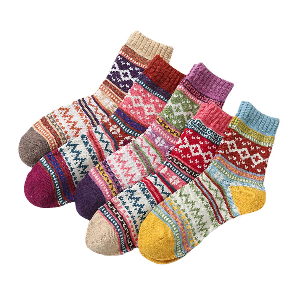 5 Pairs Women Wool Cotton Thickened Geometric Striped Dot Pattern Breathable Warmth Socks Tube Sock