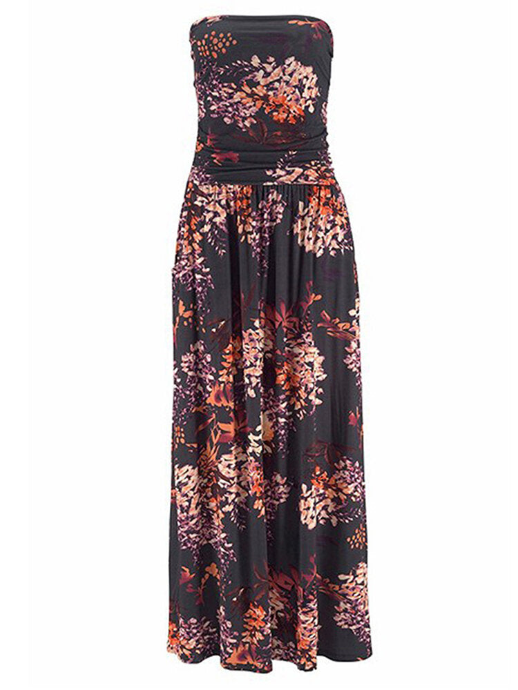 Holiday Floral Print Tube Top Sleeveless Maxi Dress