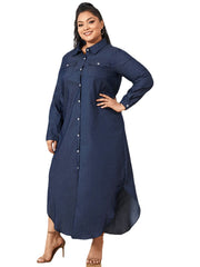 Casual Loose Button Front Irregular Split Hem Denim Maxi Shirt Dress with Front Pockets