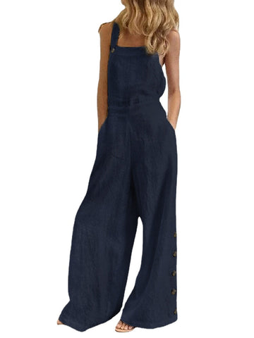 Women Cotton Solid Color Sleeveless Vintage Casual Wide-Leg Jumpsuit with Side Pockets