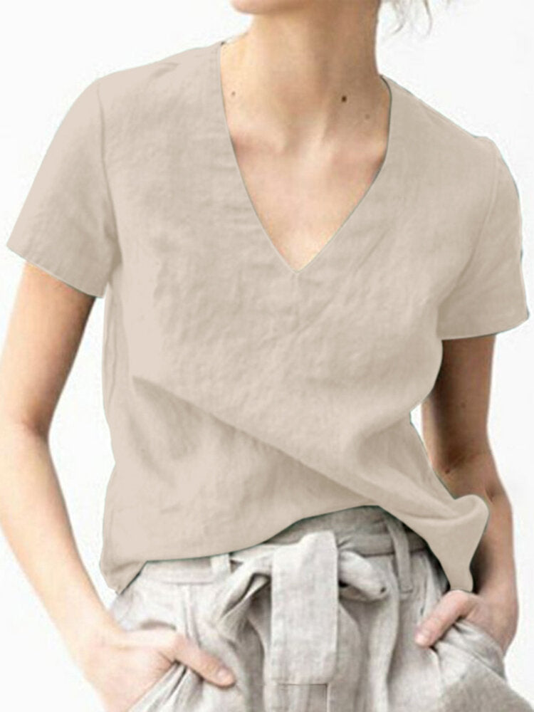 Solid V Neck Short Sleeve Blouse