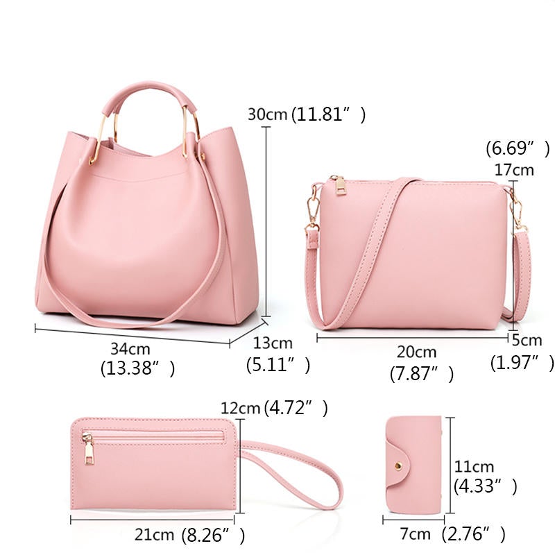 Women Plain Faux Leather Four-piece Set Handbag Shoulder Bag Clutch Bag