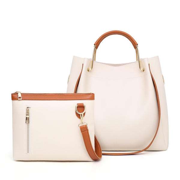 Women Leisure Faux Leather 2 Pcs Bucket Bag Crossbody Shoulder Handbag