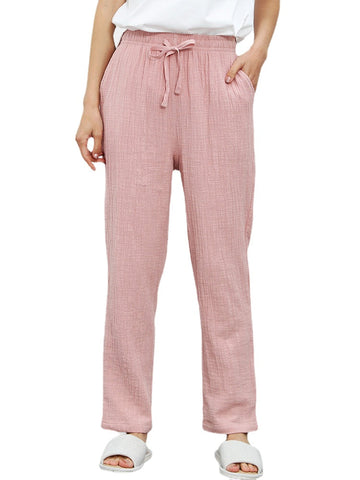 Cotton Women Solid Color Pocket Drawstring Home Casual Pajamas Pants