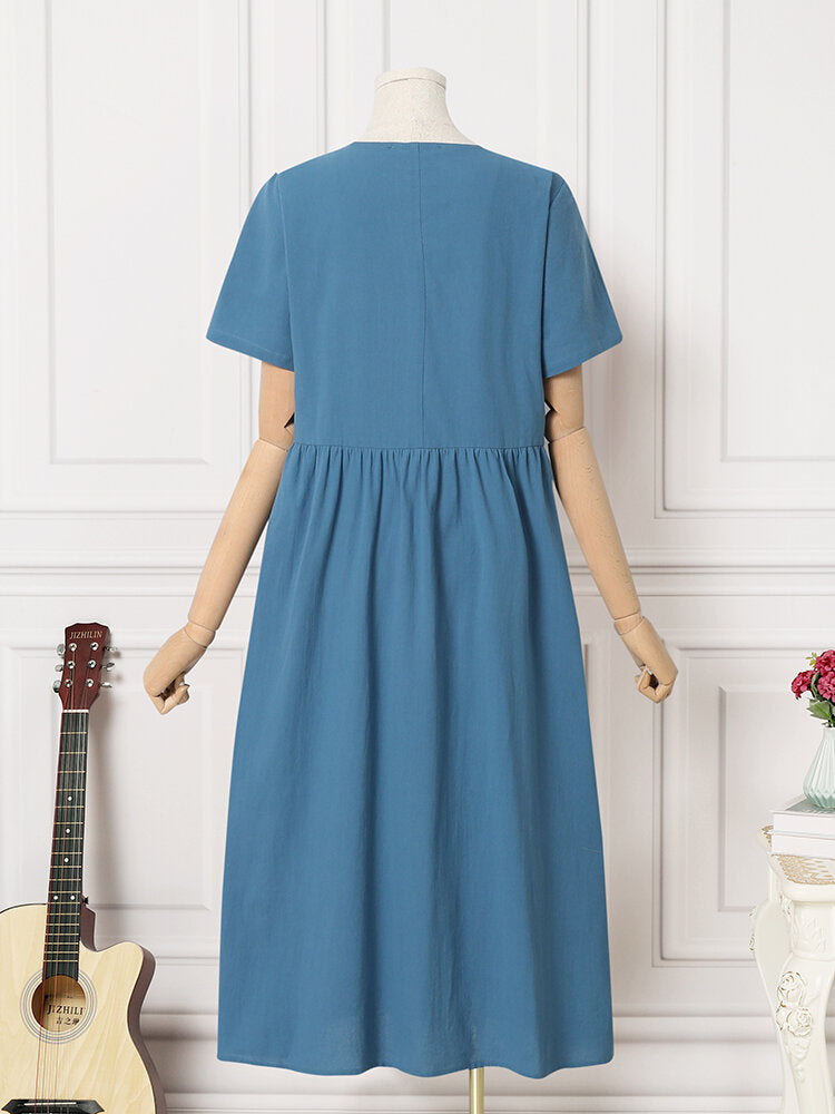 Solid Ruched Round Neck Short Sleeve Casual Cotton Midi Dress