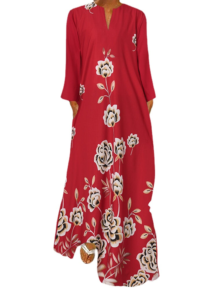 V-Neck Floral Printed Bohemian Full Sleeve Dress With Side Pockets For Women