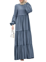 Women Layered Pleats Solid Color Puff Casual Long Sleeve Bohemian Maxi Dress