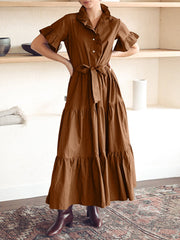 Casual Solid Color Lapel Collar Button Belted Pleated Ruffles Maxi Dress