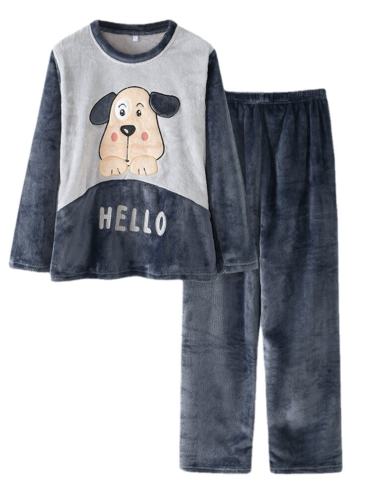 Women Hello Cartoon Dog Pattern Side Pocket Top Plush Home Casual Pajama Set