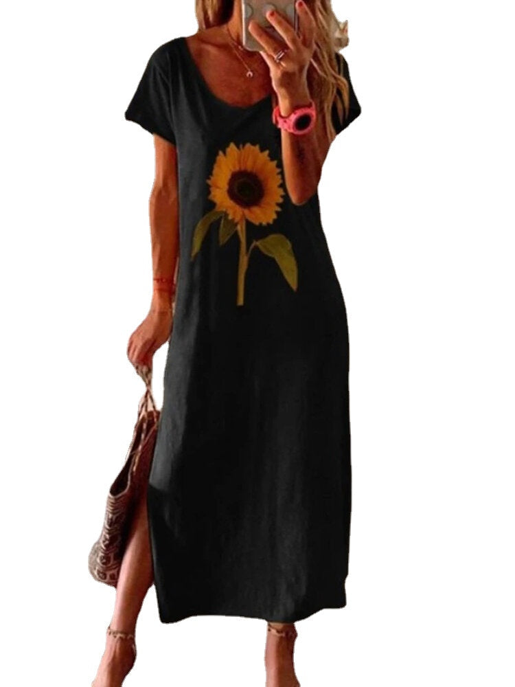 Sunflower Print Round Neck Short Sleeved Split Hem Maxi Dress
