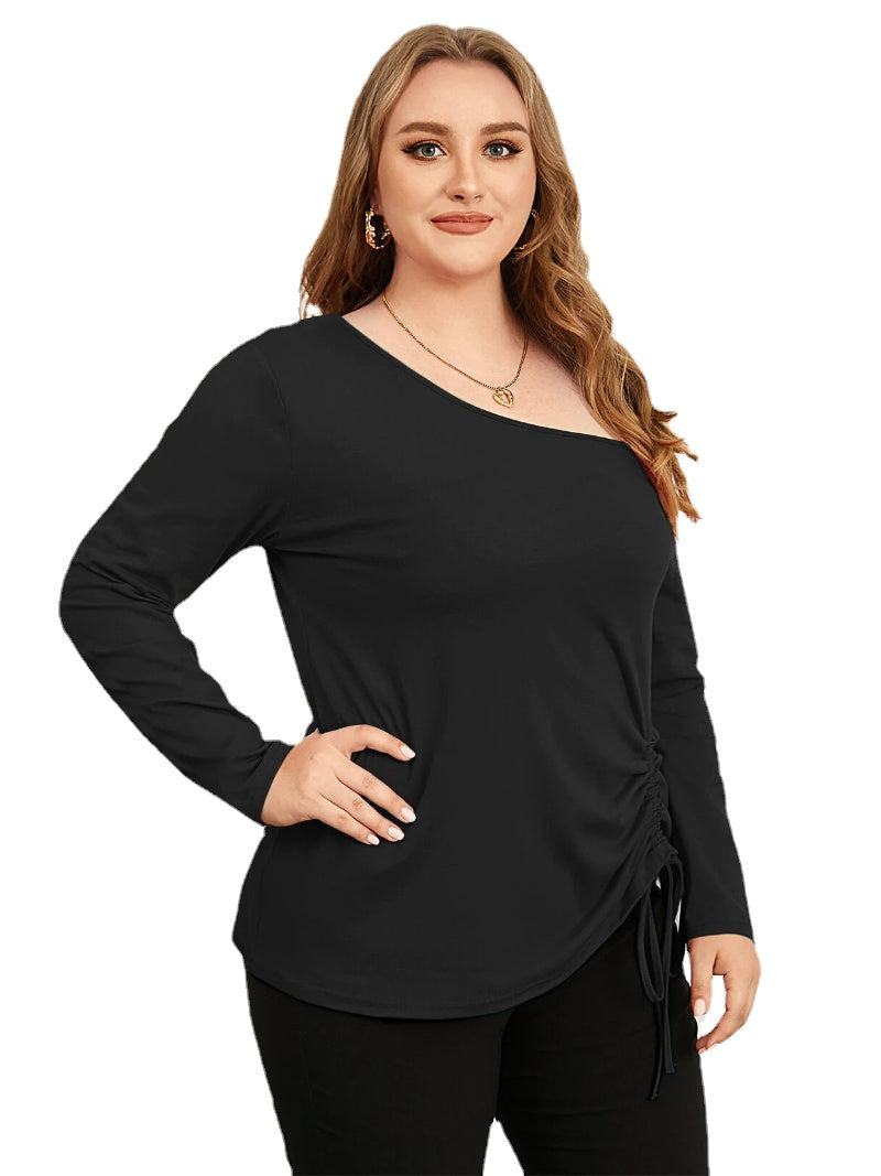 Plus Size One Shoulder Drawstring Tie-up Design Long Sleeves Tee