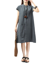 Women Short Sleeve Button Solid Color Casual Dress