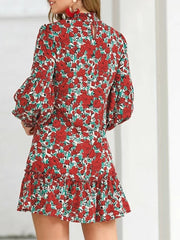 Floral Print Shirred Lantern Long Sleeve Dress For Women