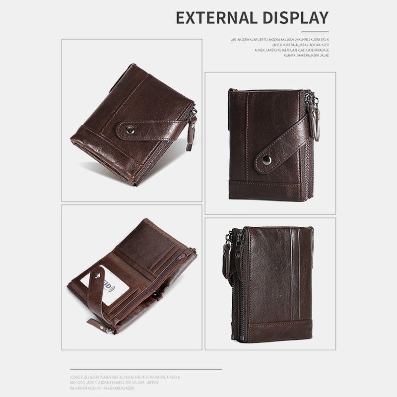 Men Genuine Leather RFID Blocking Vintage Double Zipper Cards Holder Wallet