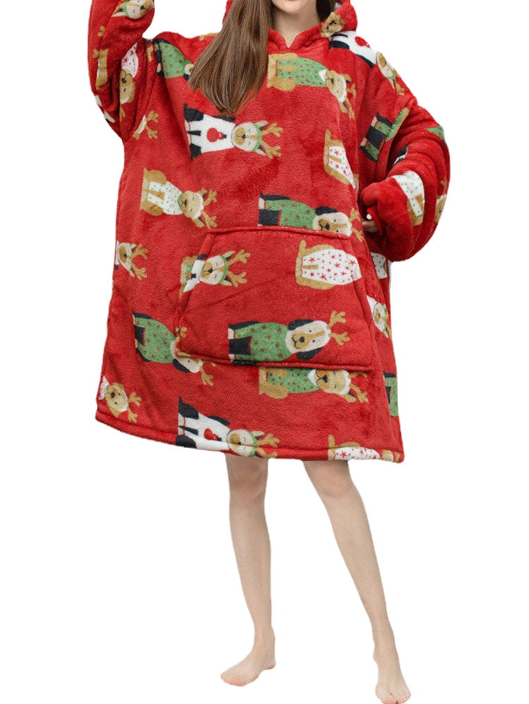 Women Thick Christmas Cartoon Animal Print Flannel Fleece Lined Oversized Warm Pajamas