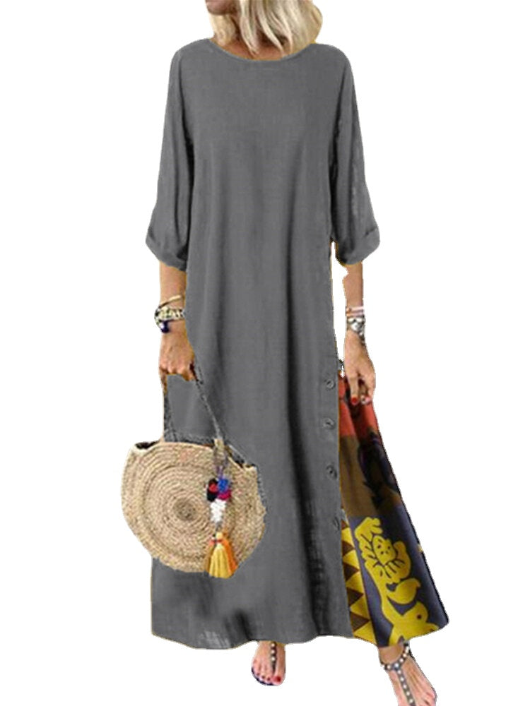 Ethnic Print Patchwork Buttons 3/4 Sleeve Vintage Maxi Dress