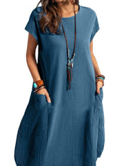 Solid Pocket Short Sleeve Round Neck Cotton Casual Dress