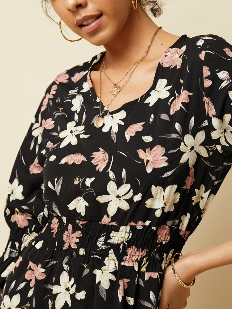 Long Sleeved V-neck Floral Print Chiffon Mini Dress