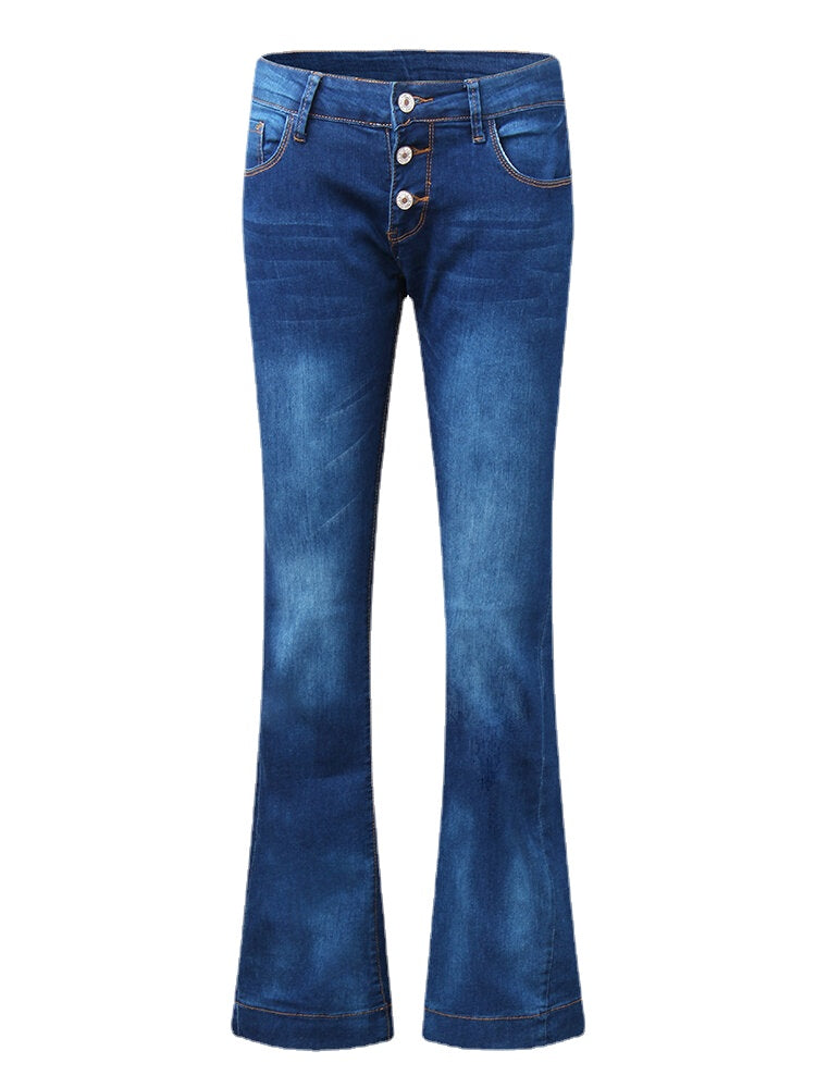 Women Pocket Button Denim Casual Bell-Bottoms Jeans