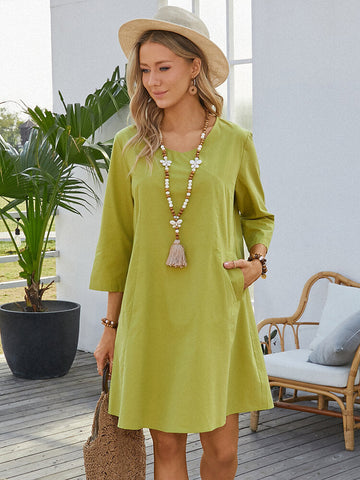 Women Solid Color V-Neck Long Sleeve Plain Casual Dress With Side Pocket