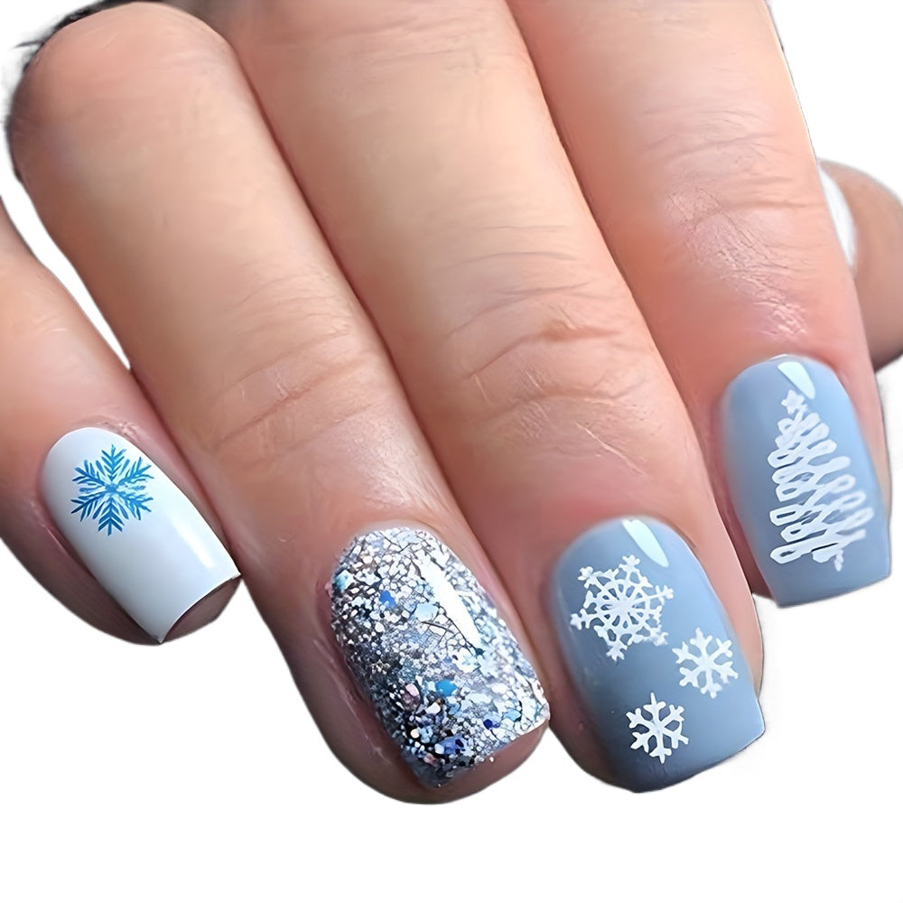 24pcs Glossy Blue Snowflake Press On Nails, Short Square Christmas Fake Nails for Women & Girls