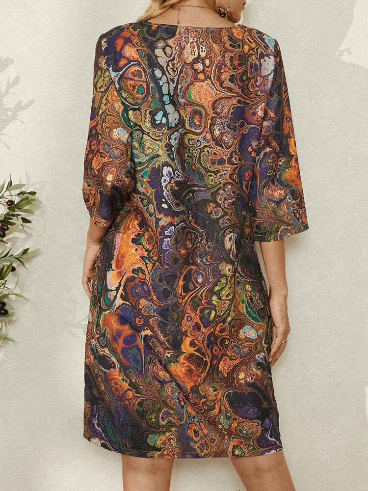 Women Multi-Color Vintage Print 3/4 Sleeve V-Neck Dress With Pocket