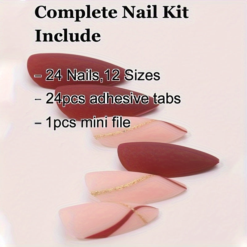 24pc Matte Reddish Brown Almond Acrylic Nails with Glitter – Includes Nail File & Gel