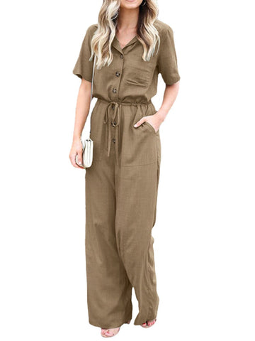 Women Button Front Camp Collar Cargo Style Short Sleeve Jumpsuits With Pocket